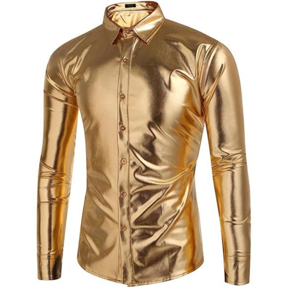 Men's Metallic Disco Shiny Slim Fit Long Sleeve Button Down Party Shirts, Golden